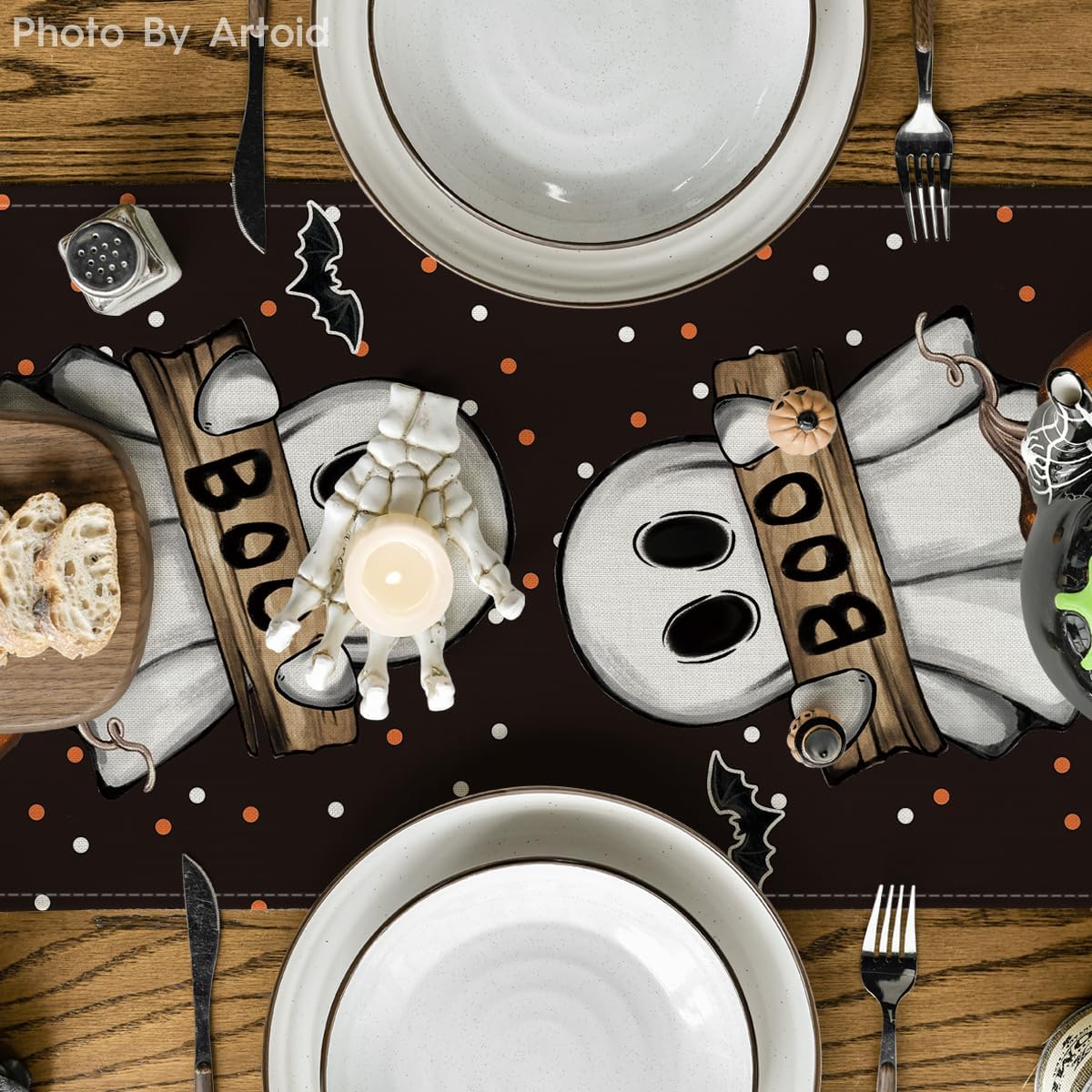 Polka Dot Ghost Pumpkin Cat Boo Halloween Table Runner Bat Seasonal Fall Kitchen Dining Table Decoration
