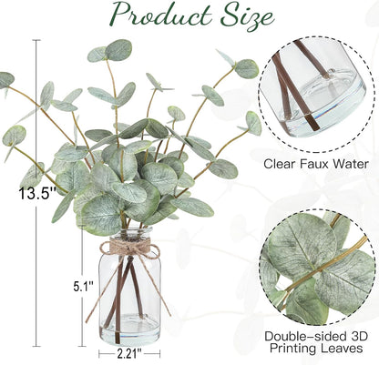 Artificial Eucalyptus Stems in Glass Vase with Faux Water 13.5" Fake Plants for Home Decor Coffee Table Centerpieces