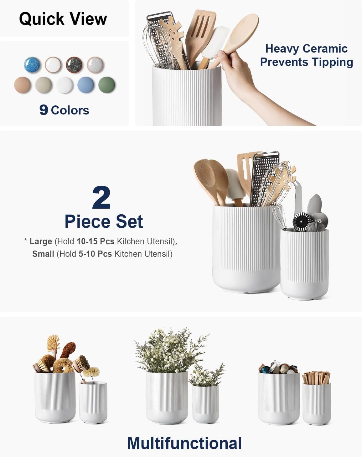 Utensil Holder 7.3"+5.4" Ceramic Kitchen Utensil Holder for Countertop Large Cooking Utensil