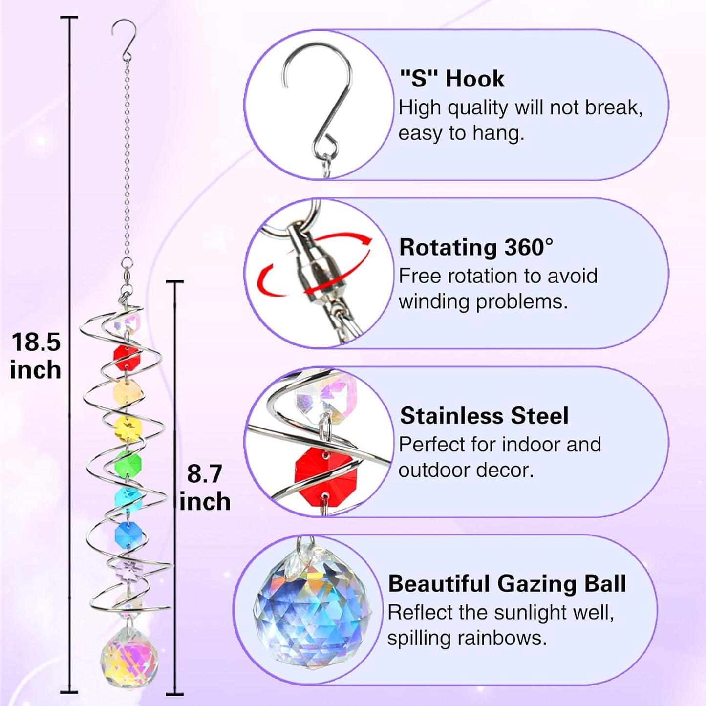 Wind Spinner Gazing Ball Spiral Tail Crystal Sun Catchers with Seven Chakra Beads Window Hanging for Indoor Home Outdoor