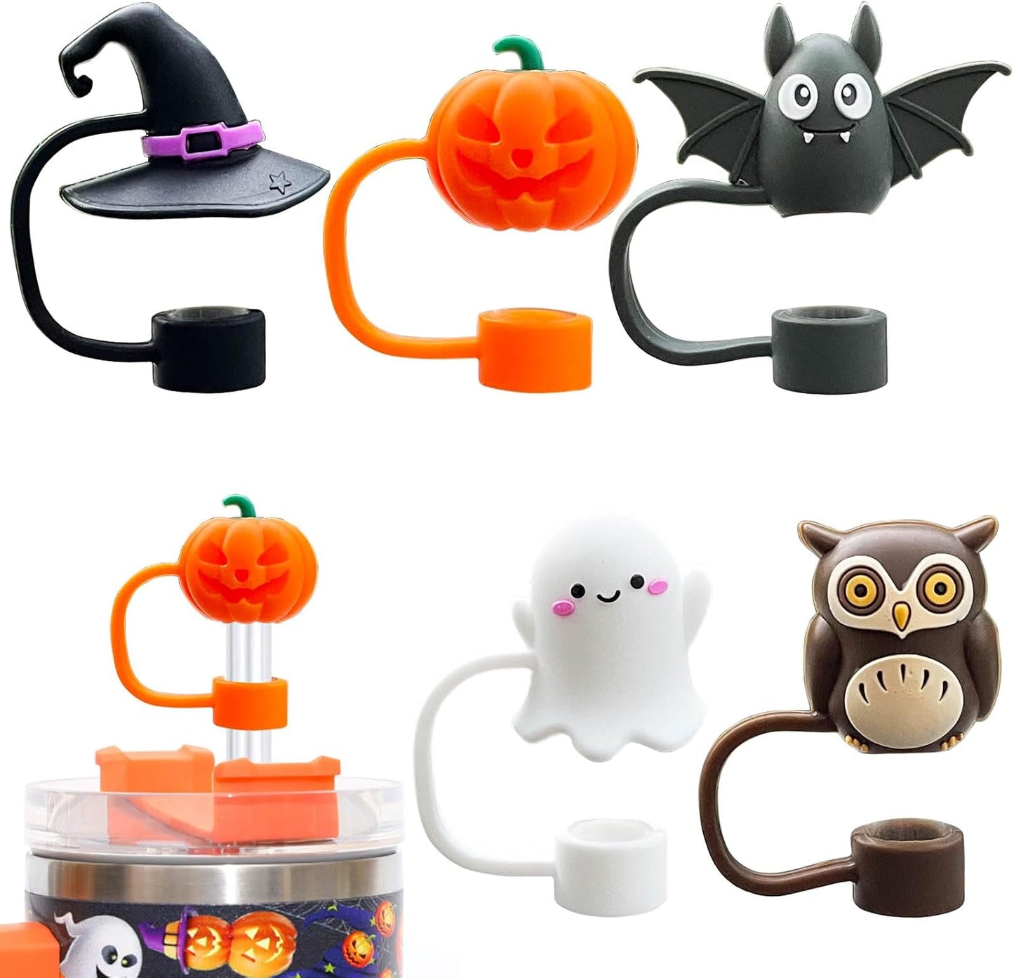5PCS Halloween Straw Cover Cap for Stanley Cup Silicone Straw Topper for Stanley 30&40 Oz Tumbler with Handle