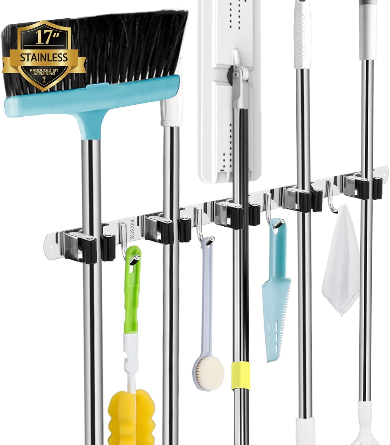 5 Racks and 4 Hooks Mop and Broom Holder Wall Mount, Broom Organizer Storage Tool Racks Stainless Steel Heavy Duty