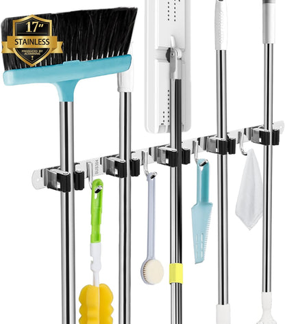 5 Racks and 4 Hooks Mop and Broom Holder Wall Mount, Broom Organizer Storage Tool Racks Stainless Steel Heavy Duty