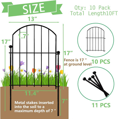 17in x10ft 10 Pack Rustproof Metal No Dig Fence Animal Barrier for Dog Arched Flower Bed Edging Ornamental