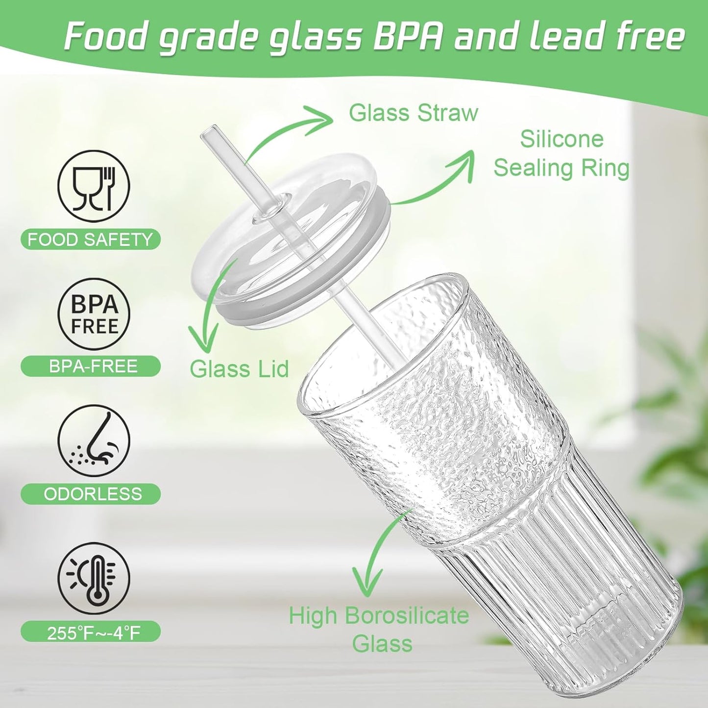 Glass Cups with Lids and Glass Straws High Borosilicate 20OZ Tumblers (2Pcs) for Coffee, Tea, Juice