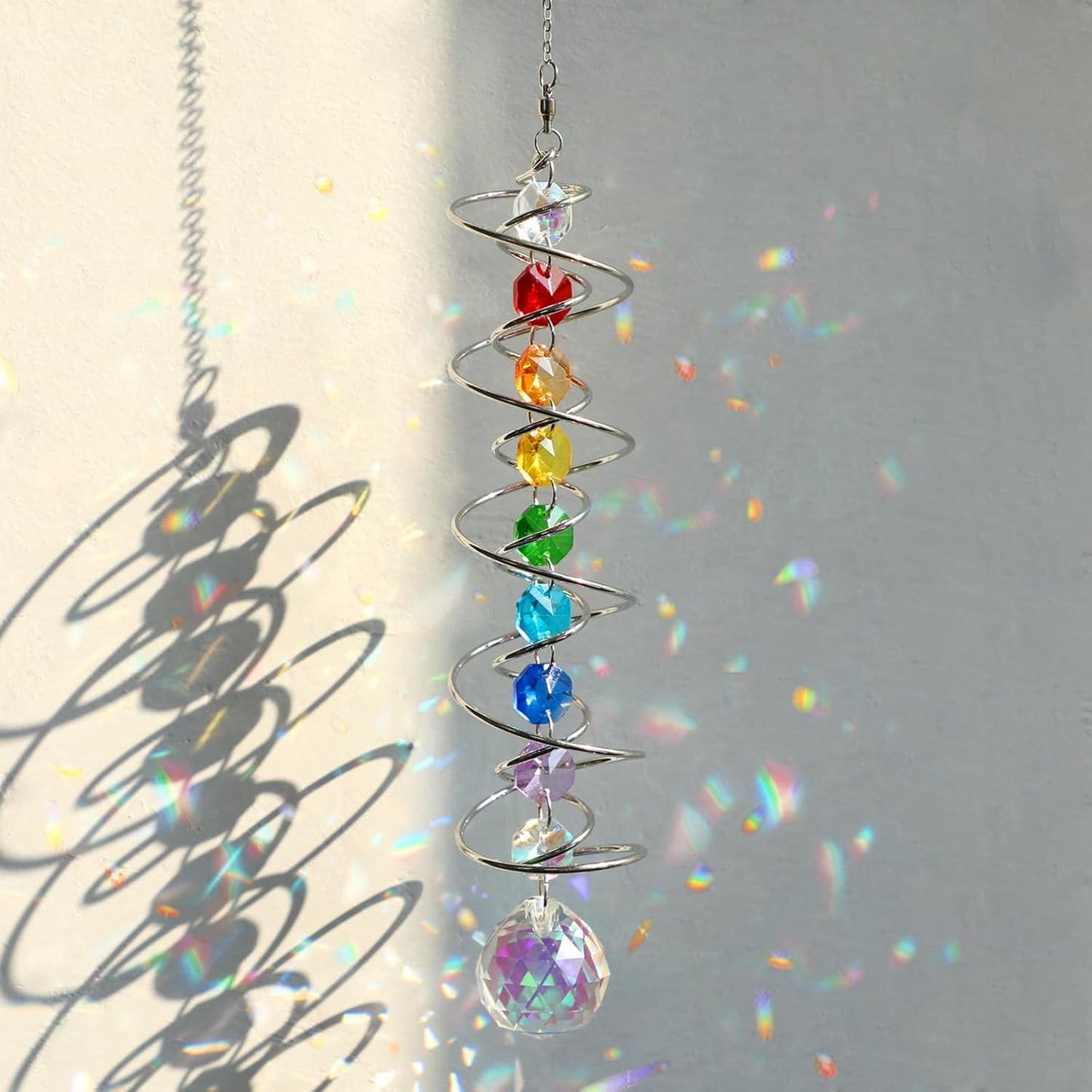Wind Spinner Gazing Ball Spiral Tail Crystal Sun Catchers with Seven Chakra Beads Window Hanging for Indoor Home Outdoor