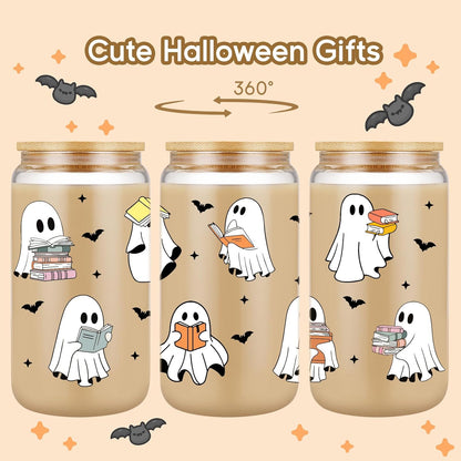 Cute Spooky Gifts for Book Lovers 16 oz Iced Coffee Tumbler Cup w/Lid Straw Book Themed