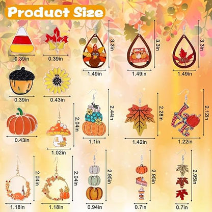 34 PCS Fall Thanksgiving Earrings Set Autumn Earrings Set Pumpkin Turkey Maple Leaf Sunflower Wooden Dangle Earrings