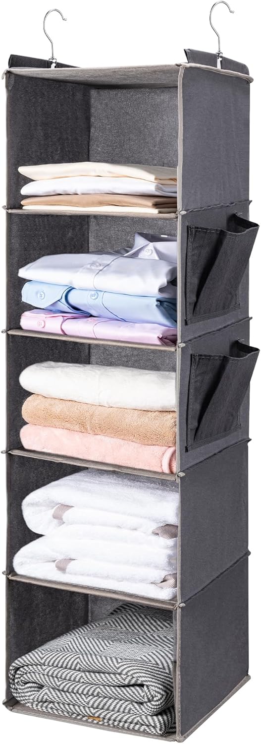 Hanging Closet Organize and Shelves 5-Hanging Shelf with 2 Side Pockets Storage Foldable