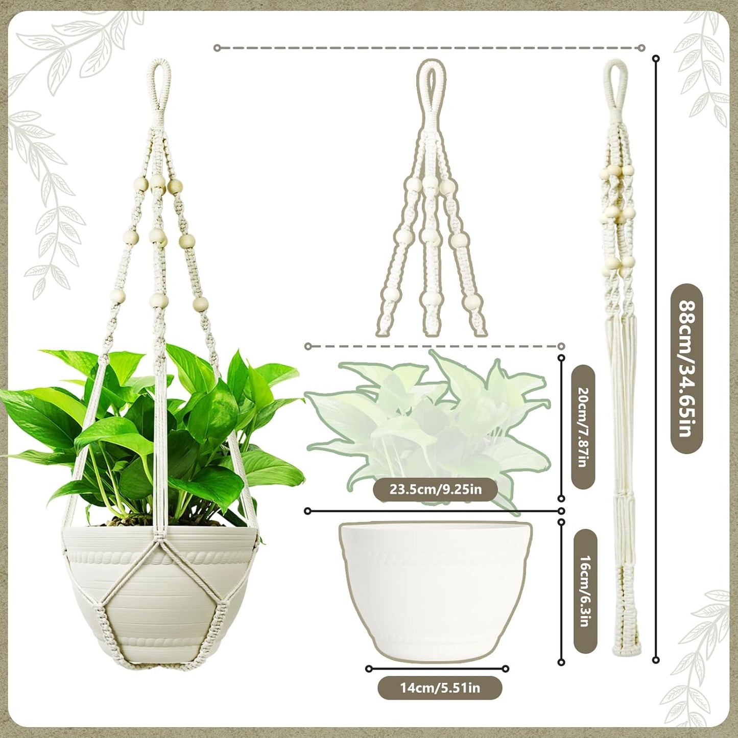 Plant Holder Basket Hanging 3-15 inch Pot Bearing 20lb Planters 35 Inches Extra Long