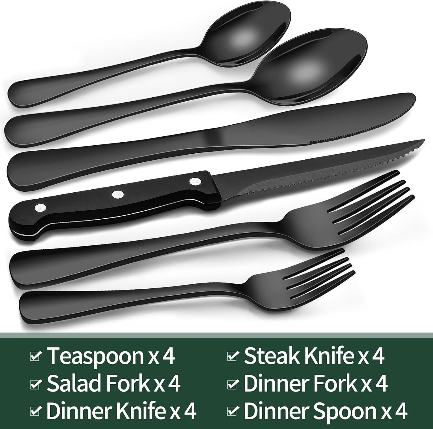 Black Silverware Set with Steak Knives Black Flatware Set for 4 Food-Grade Stainless Steel Tableware Cutlery Set