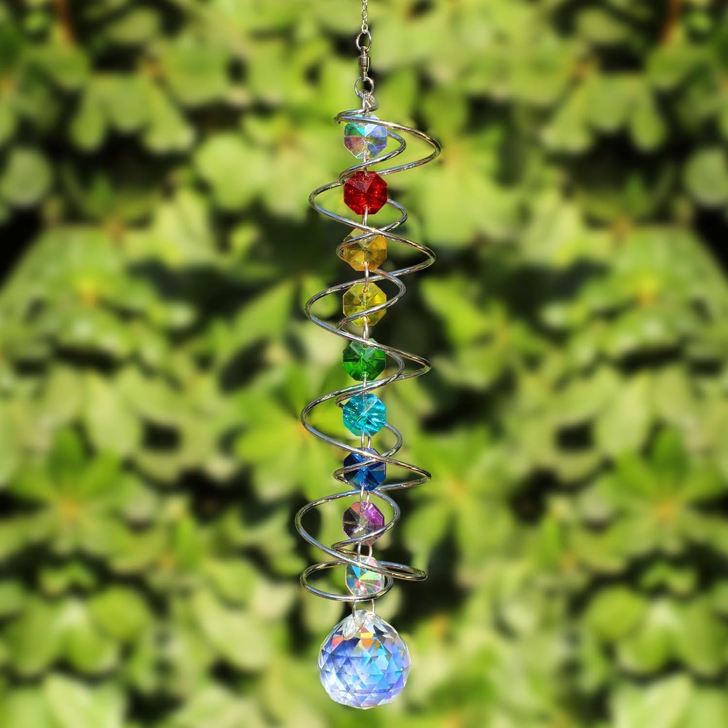 Wind Spinner Gazing Ball Spiral Tail Crystal Sun Catchers with Seven Chakra Beads Window Hanging for Indoor Home Outdoor