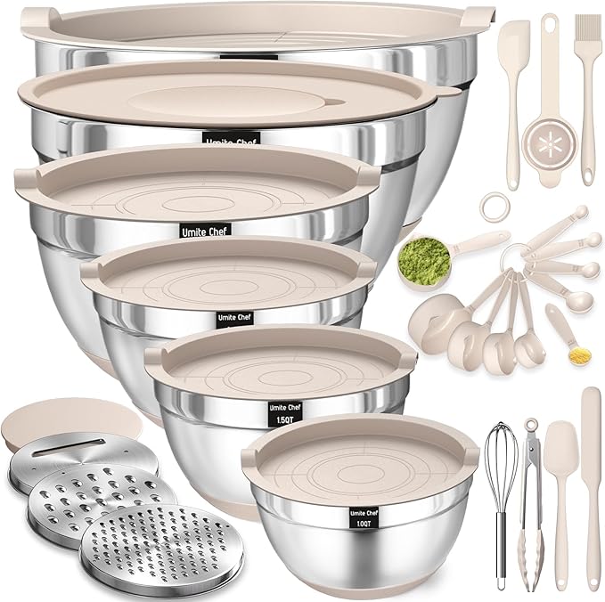 26PCS Stainless Steel Khaki Bowls with Grater Attachments Non Slip Bottoms & Kitchen