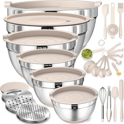 26PCS Stainless Steel Khaki Bowls with Grater Attachments Non Slip Bottoms & Kitchen