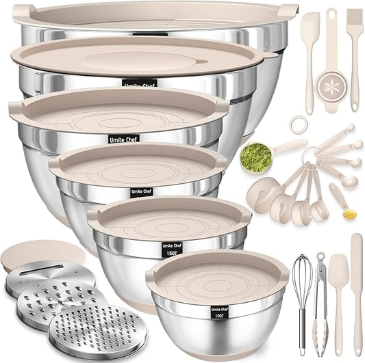 26PCS Stainless Steel Khaki Bowls with Grater Attachments Non Slip Bottoms & Kitchen