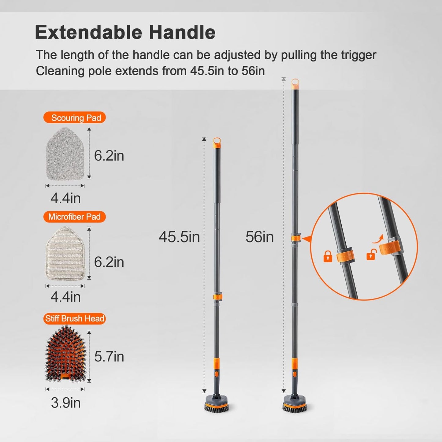 Scrubber Brush with 3 Different Function Cleaning Heads and 56" Extendable Long Handle-No Scratch Shower