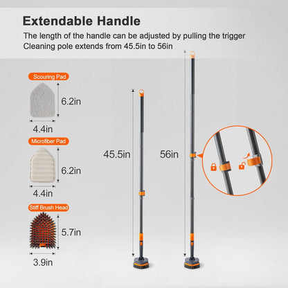 Scrubber Brush with 3 Different Function Cleaning Heads and 56" Extendable Long Handle-No Scratch Shower