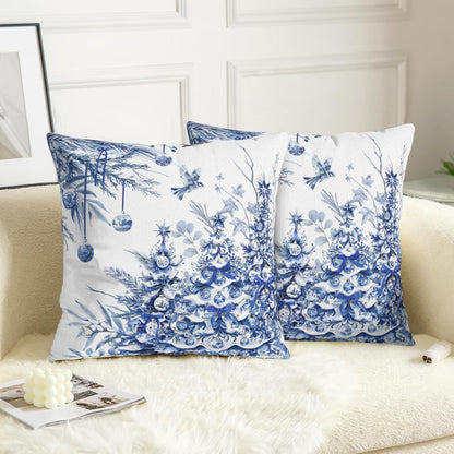 Tree Pillow Covers 18x18 Set of 2 Winter Blue White Chinoiserie Christmas Decorative Outdoor Throw