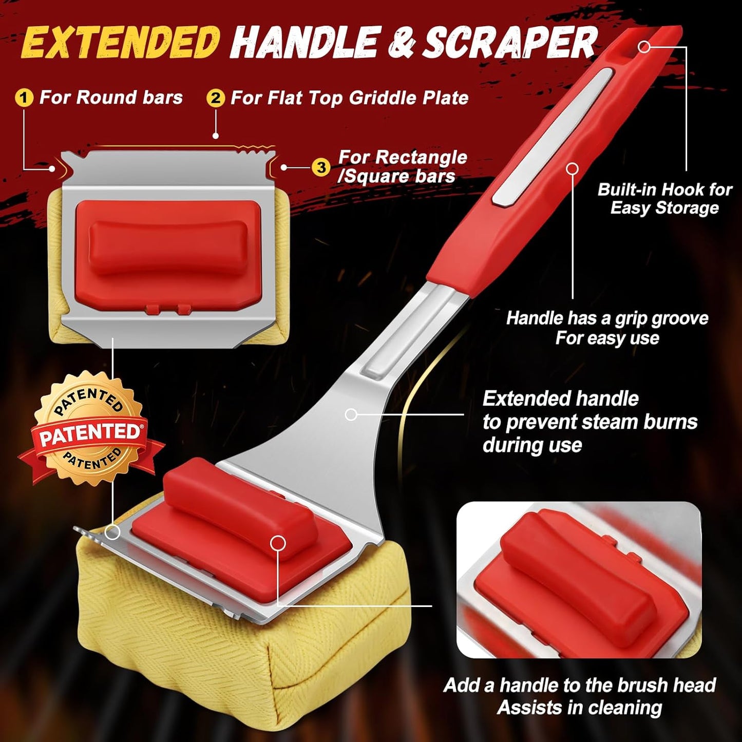 Grill Cleaning Brush Bristle Free for Outdoor Grill with 15" Extended Handle, 3X Thick Aramid Fabric