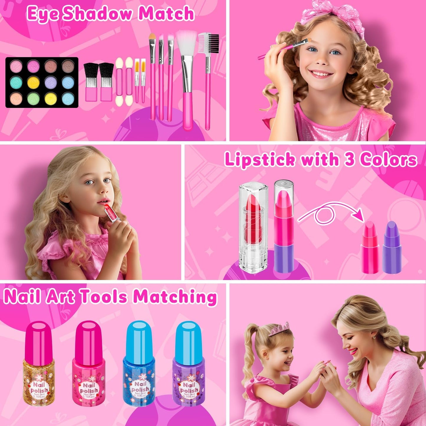 58 Pcs Kids Makeup Kit for Girl Princess Toys Real Washable Cosmetic Set with Mirror