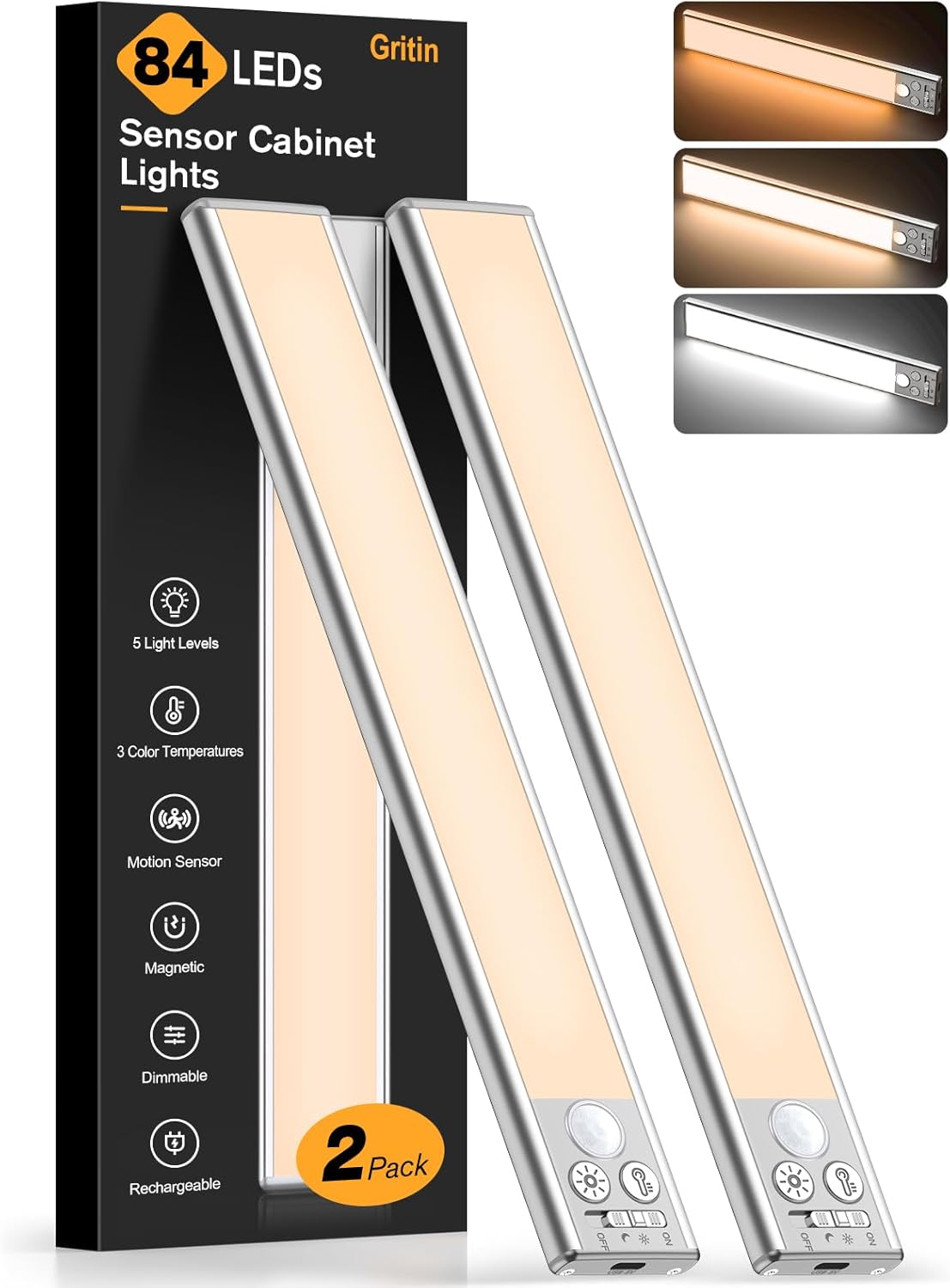 Cabinet Lighting Rechargeable 2 Pack 3 Color Temps&5 Level Brightness Super Bright 4 Modes Motion Sensor Long Lasting