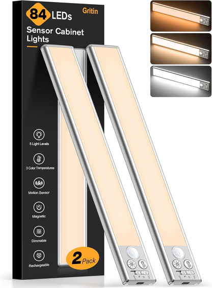 Cabinet Lighting Rechargeable 2 Pack 3 Color Temps&5 Level Brightness Super Bright 4 Modes Motion Sensor Long Lasting