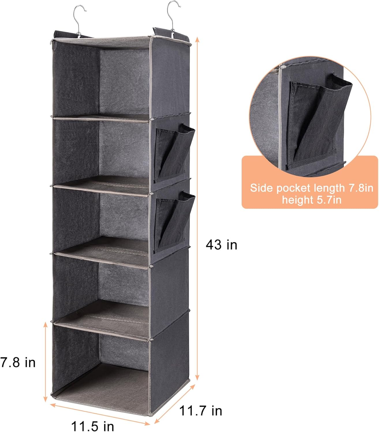 Hanging Closet Organize and Shelves 5-Hanging Shelf with 2 Side Pockets Storage Foldable