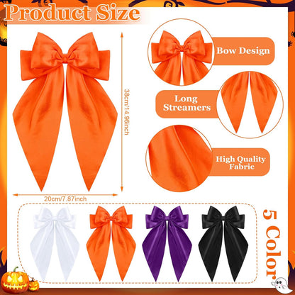 4 Pcs Halloween Hair Bows for Women Girls Large Satin Orange Black White Purple Bow Hair Clips Long Tails
