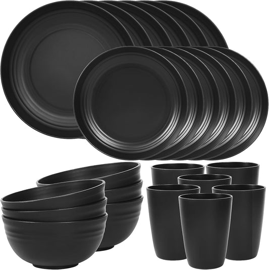 24 Piece Plates and Bowls Sets for 6 Unbreakable Dinnerware Sets Plastic Dish Set for Camping Dishwasher Microwave Safe
