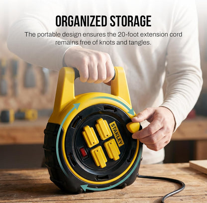 Retractable Extension Cord Reel 20ft Portable 4 Outlet Cord Reel with On Off Switch 16/3 AWG Power Cable
