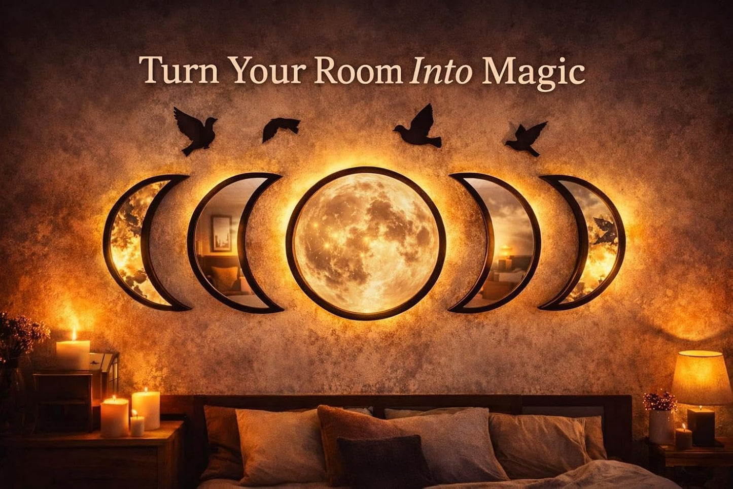 Moon Phase Mirror Set with Birds Scandinavian Natural Home Boho Wall Decor Aesthetic Witchy