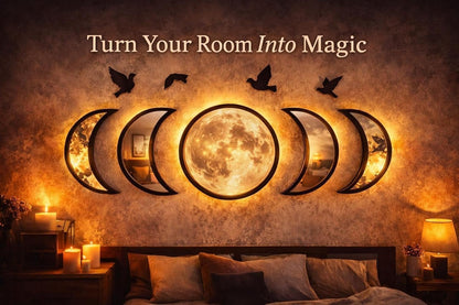 Moon Phase Mirror Set with Birds Scandinavian Natural Home Boho Wall Decor Aesthetic Witchy