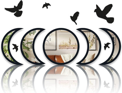 Moon Phase Mirror Set with Birds Scandinavian Natural Home Boho Wall Decor Aesthetic Witchy