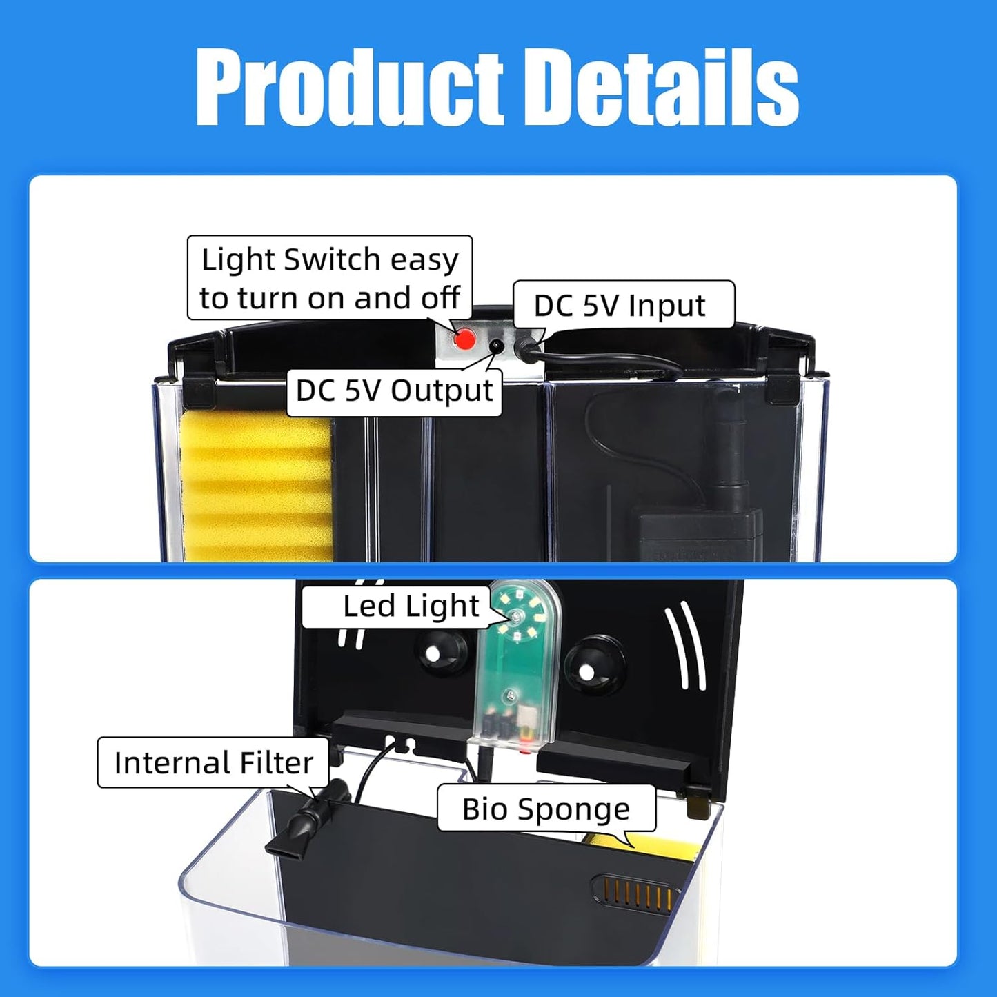 Fish Tank  1.2 Gallon Aquarium, Small Betta Fish Tank Starter Kit with LED Light