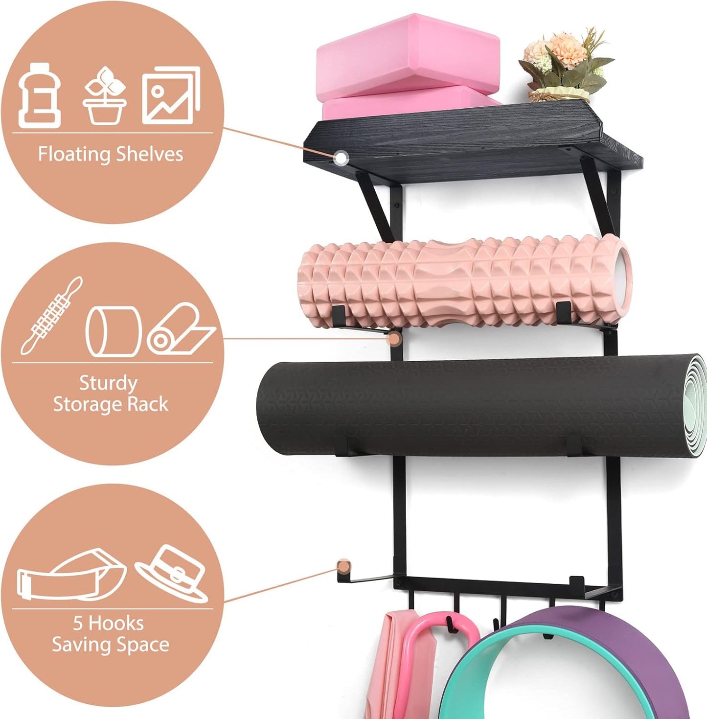 17" x 28" Yoga Mat Rack Home Gym Accessories Storage for Foam Roller with Wood Floating Shelves