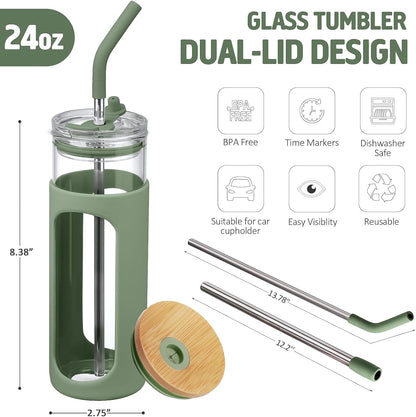 24oz Glass Tumbler with 2 Lids and Straws Glass Cup With Bamboo Lid and On-the-go Lid Reusable