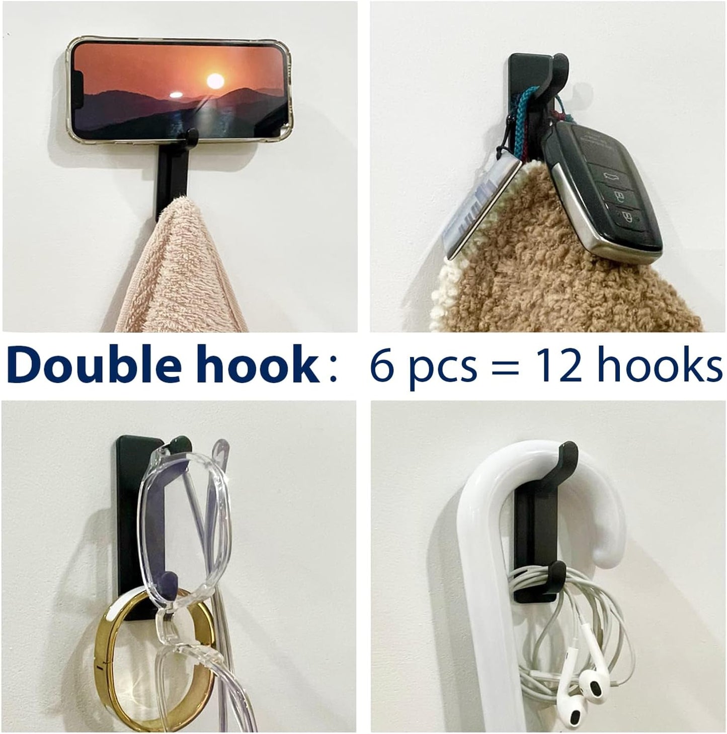 Wall Hooks for Coat and Towel 13LB Adhesive Door Hanger Stick on Black 6 Pack