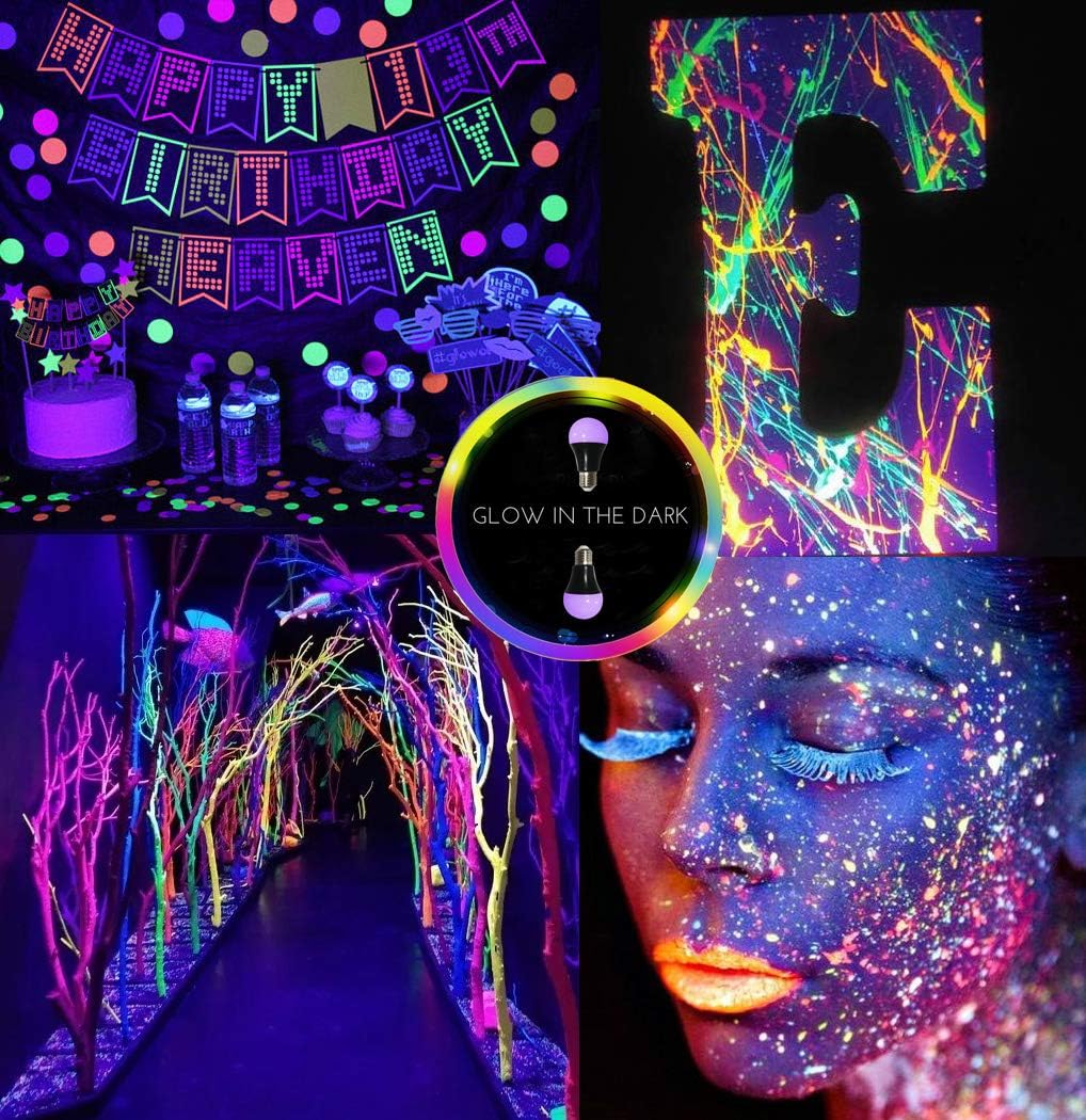 UV Led Black Light Bulb 2 Pack 8W 60W Equivalent) A19 E26 Blacklight Bulb UVA Level 385 400nm Glow in Dark for Body Paint