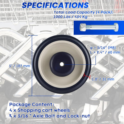 Cart Wheels Replacement 4 Pack Shopping Cart Caster 5-inch Diameter Shopping Cart Wheels with Axles Bolts