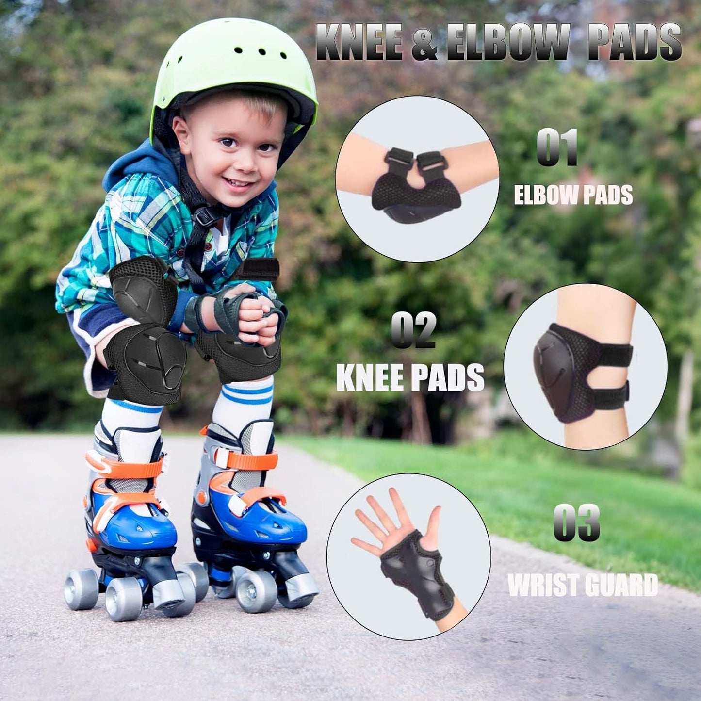 Knee Pads Elbow Pads for 3-14Years Boys Girls 6 in 1 Kids Protective Gear Set Adjustable
