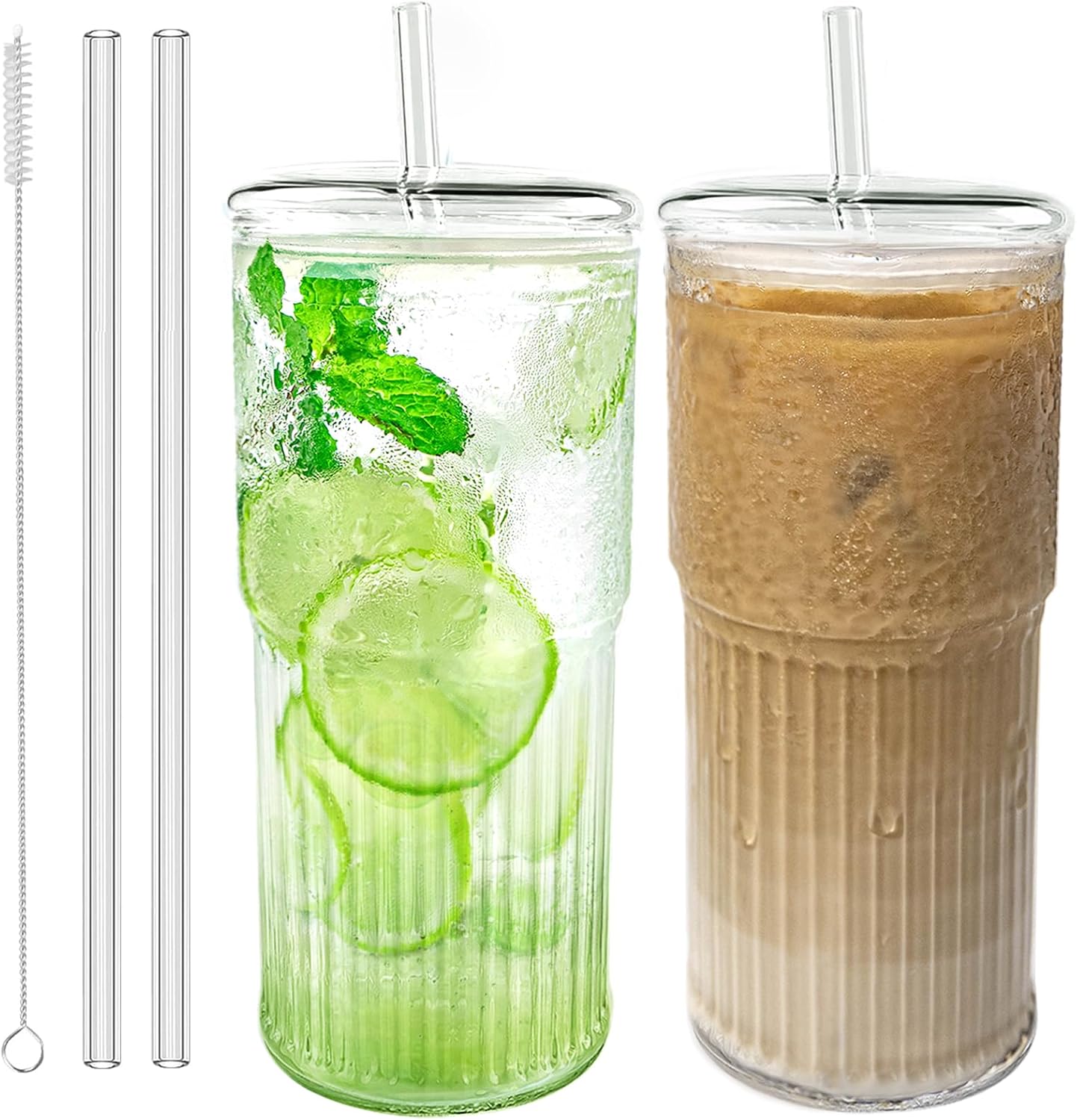Glass Cups with Lids and Glass Straws High Borosilicate 20OZ Tumblers (2Pcs) for Coffee, Tea, Juice