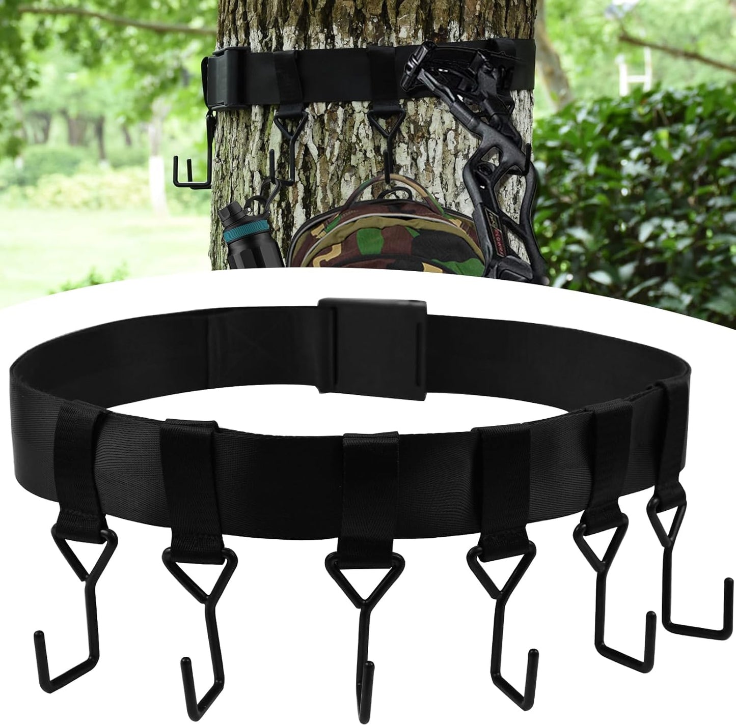 Heavy Duty Bow Hanger Strap with 6 Metal Bow Hooks Tree Bow Hanger Tree Stand Hooks Archery Hunting Accessories for Climbing Hunting Outdoor