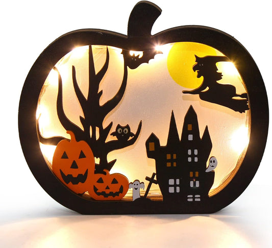 Wooden Table Sign Light Up Pumpkin Table Centerpiece Topper for Halloween Table Top Party