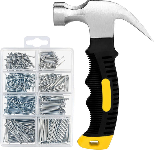 700PCs Nails Assortment Kit & 8oz Hammer Small Hammer for Hanging Wall Art Decor