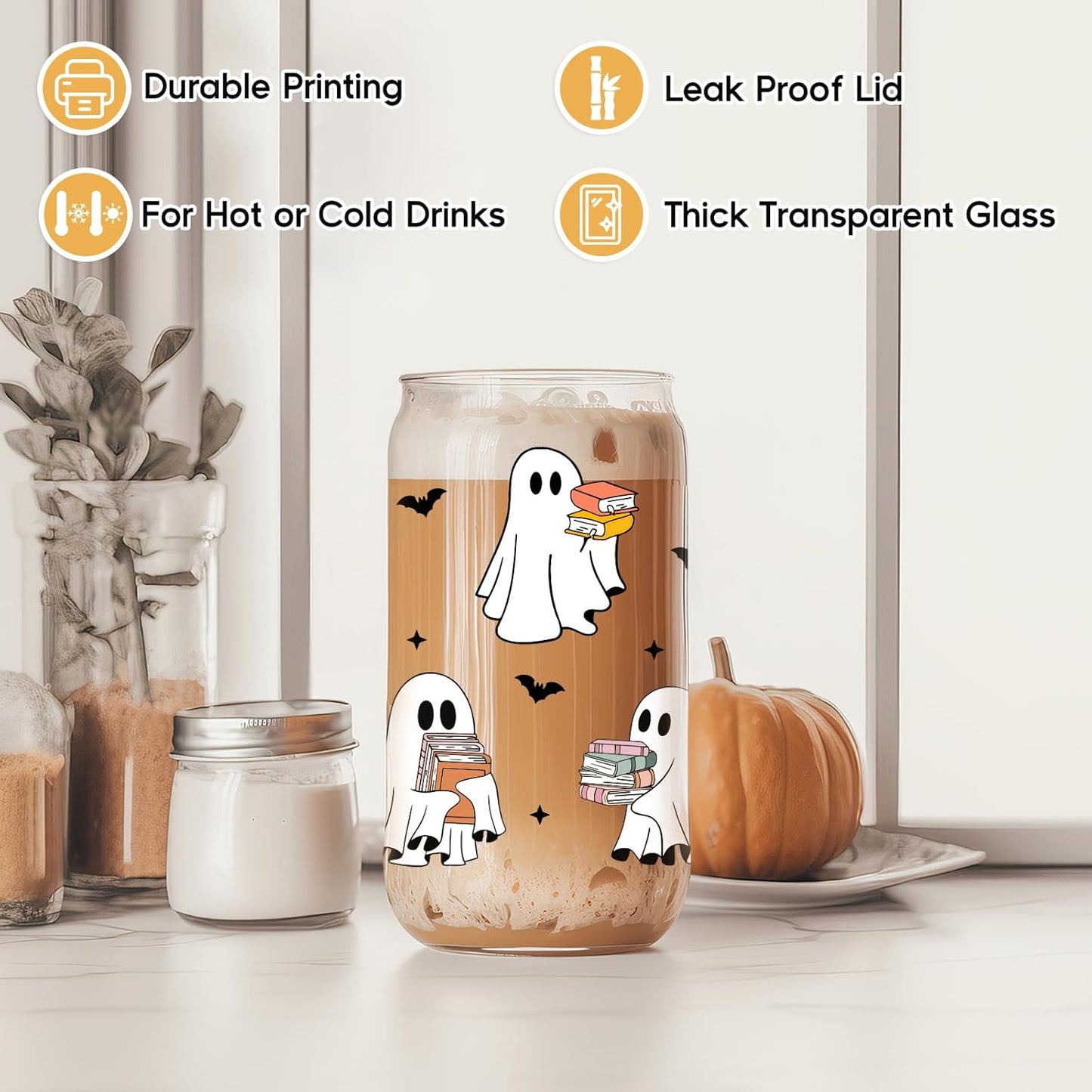Cute Spooky Gifts for Book Lovers 16 oz Iced Coffee Tumbler Cup w/Lid Straw Book Themed