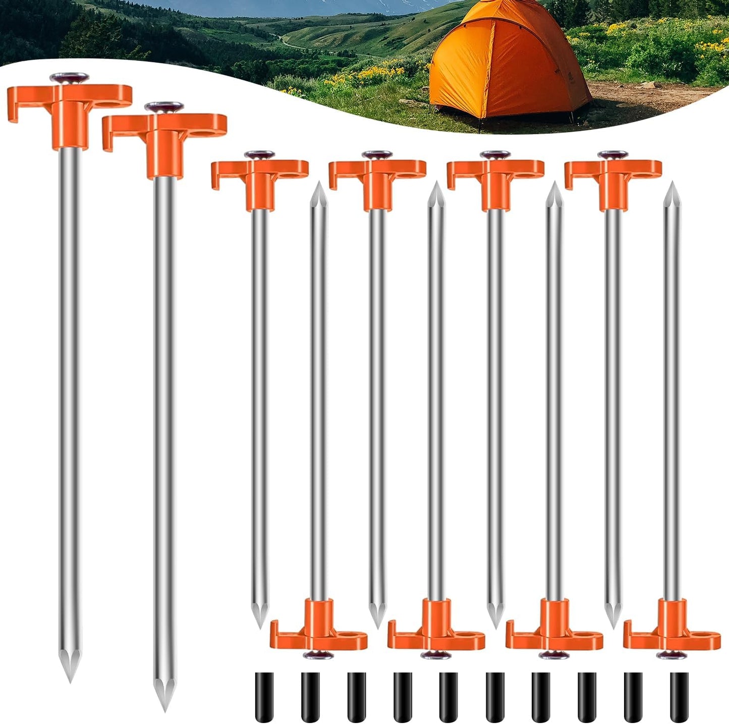 Heavy Duty Camping Tent Stakes Non-Rust Metal Tent Pegs for Garden Hiking Canopies Tarp with 10pcs Rubber