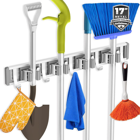 4 Racks with 5 Hooks Silver Mop Storage Tool Racks Broom Hanger Tool Organizer for Garage Kitchen