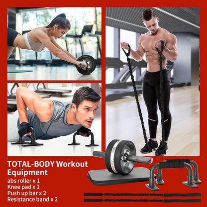 Exercise Wheel Core Strength Training Abdominal Roller Set with Push Up Bars Resistance Bands Knee Mat