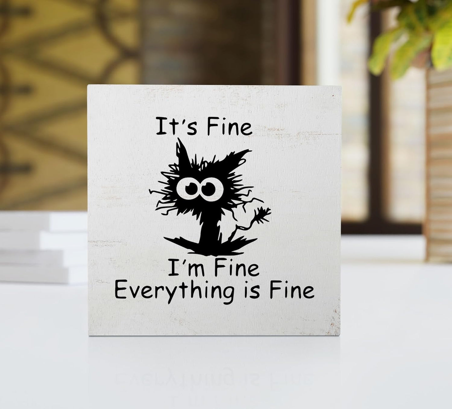 Funny Office Desk Decor Black Cat 'It's Fine' Wood Box Sign Home Office Wall Tabletop Shelf Decor