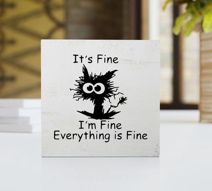 Funny Office Desk Decor Black Cat 'It's Fine' Wood Box Sign Home Office Wall Tabletop Shelf Decor